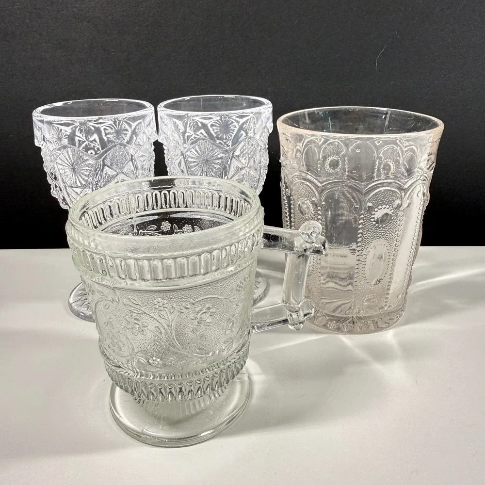 EAPG Vintage Clear Pressed Glass Drinkware Set 4pc Mug Tumbler Goblets Cup USA
